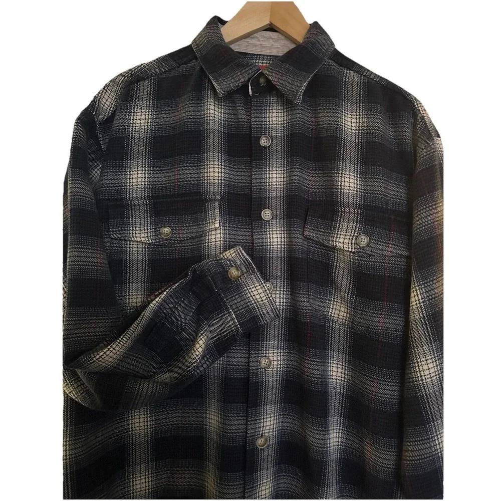 Unionbay Black/Blue Plaid Flannel Shacket Button Up Long Sleeve‎ Mens Size Large